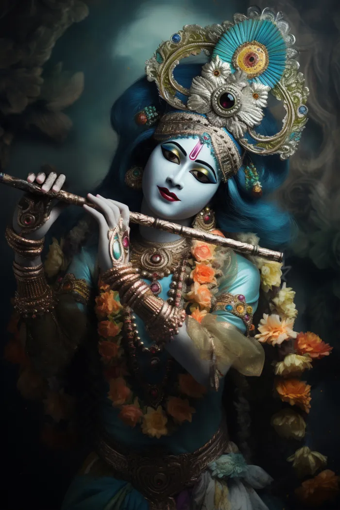 Ethereal Blue Krishna Playing Flute Canvas wall art print | PrintPosters.in